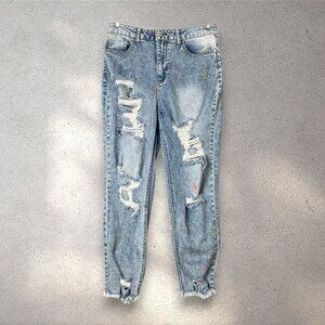 Tinseltown Floral Stitch Distressed Jeans Women’s Size 13 Juniors Light Wash Y2K